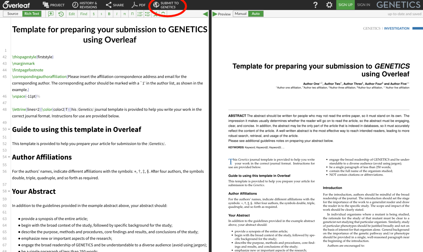 The Overleaf Workspace in Rich Text mode